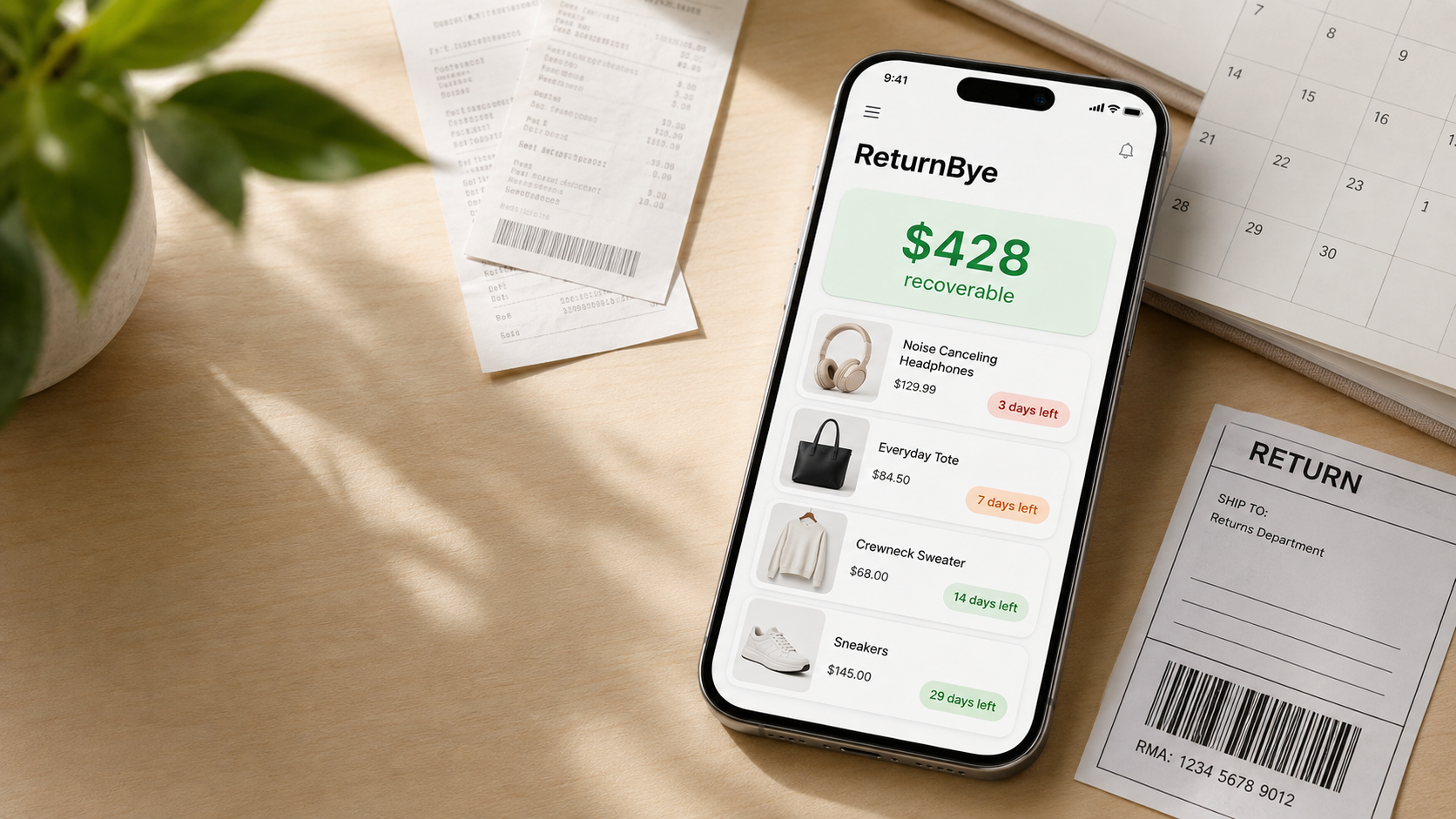 ReturnBye app dashboard showing recoverable purchases and return deadline badges